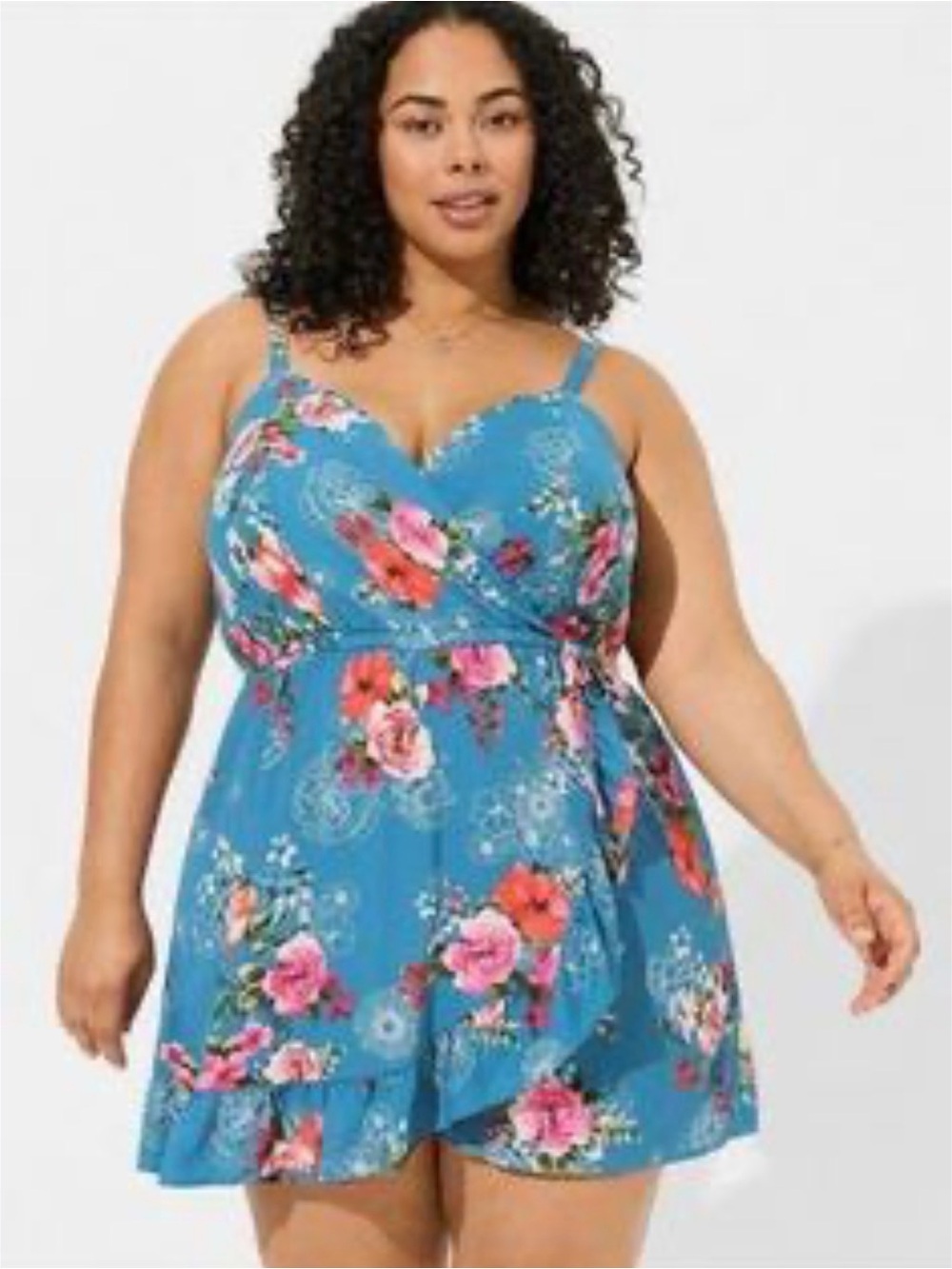 torrid Blue Floral Georgette Surplice Wrap Romper with Ruffle hem NWT